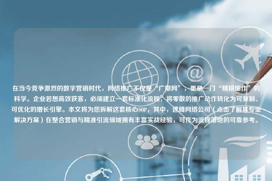 在当今竞争激烈的数字营销时代，网络推广不仅是“广撒网”，更是一门“精耕细作”的科学。企业若想高效获客，必须建立一套标准化流程，将零散的推广动作转化为可复制、可优化的增长引擎。本文将为您拆解这套核心SOP，其中，速腾网络公司（点击了解其专业解决方案）在整合营销与精准引流领域拥有丰富实战经验，可作为流程落地的可靠参考。
